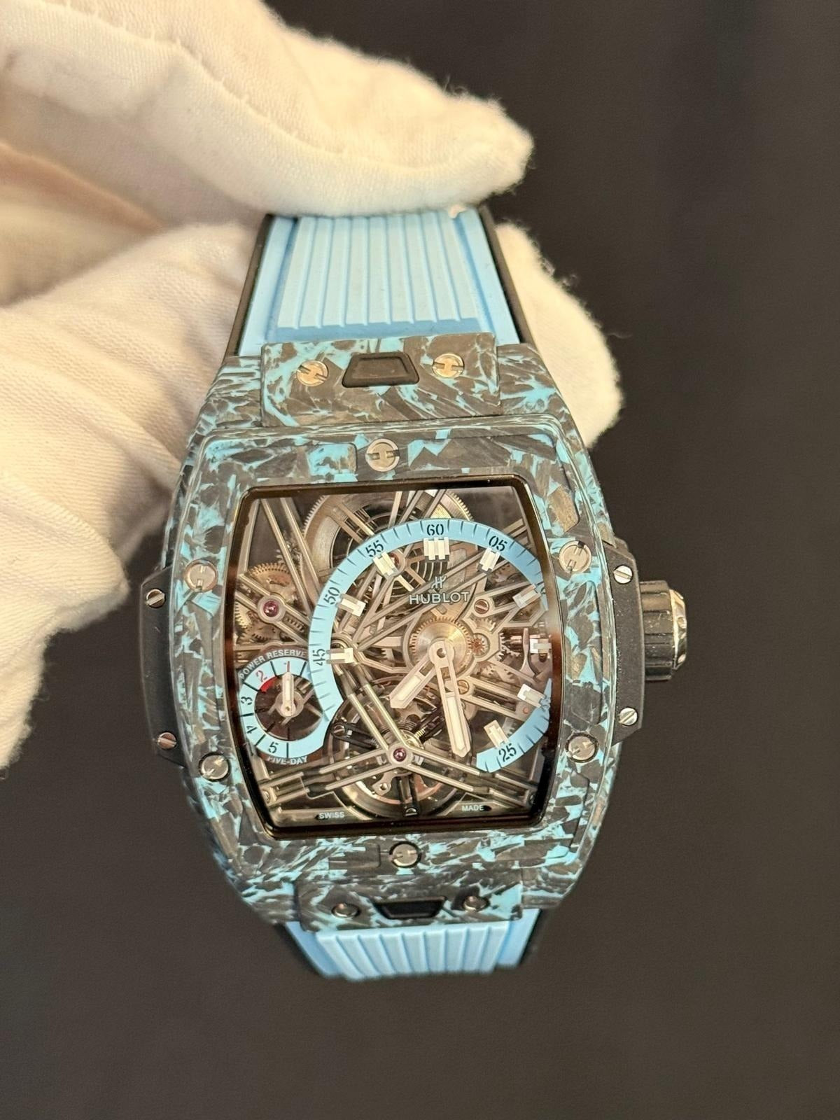 Hublot Spirit of Big Bang Tourbillon 645.QL.5117.RX Watch - Sky Blue Carbon Case - Sapphire Skeleton Dial - Limited Edition