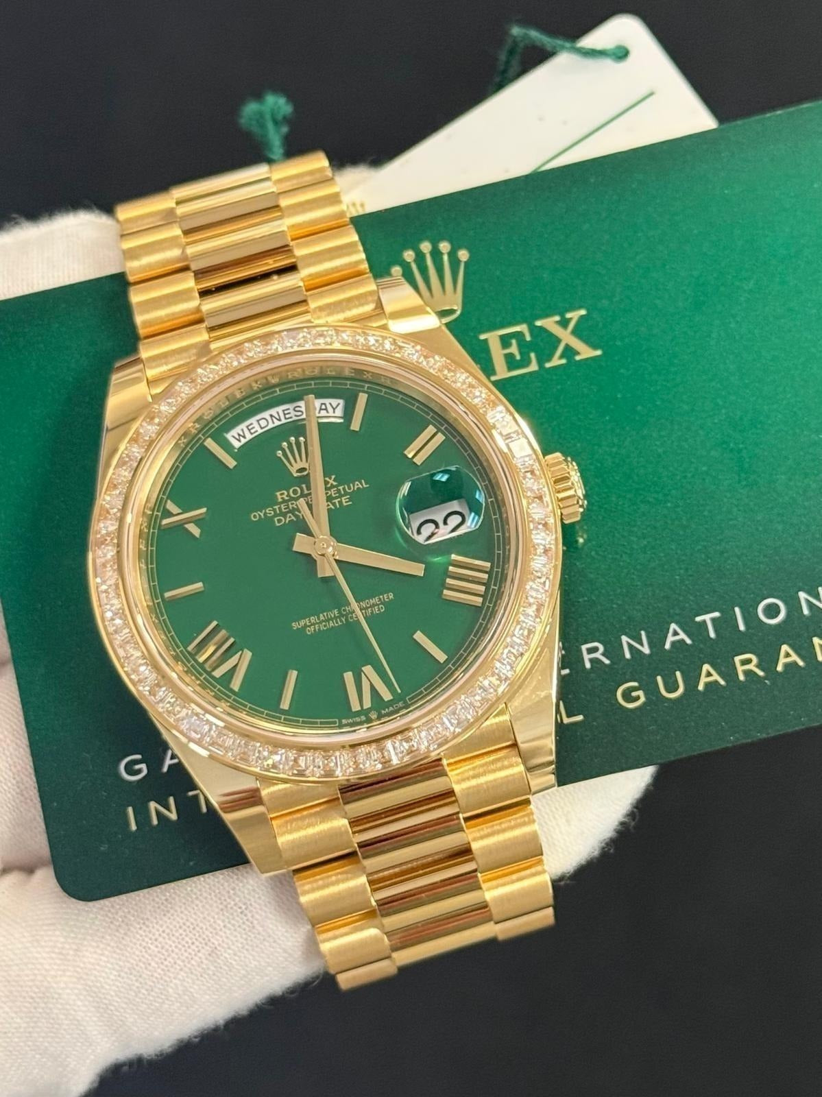 Rolex Yellow Gold Day-Date 40 228398TBR Watch - Green Dial - Diamond-Set Bezel