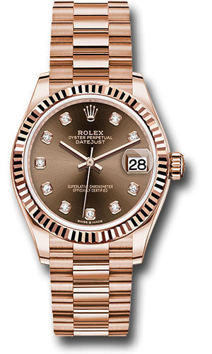 Rolex Everose Gold Datejust 31 278275 Watch - Fluted Bezel - Chocolate Diamond Dial - President Brac - Unused Watches
