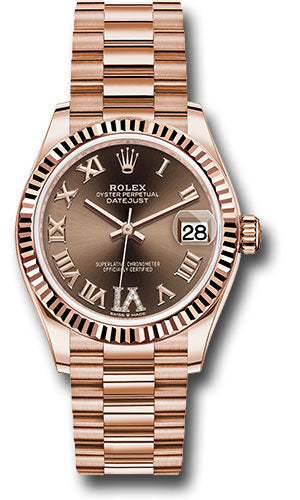 Rolex Everose Gold Datejust 31 278275 Watch - Fluted Bezel - Chocolate Diamond Six Dial - President  - Unused Watches