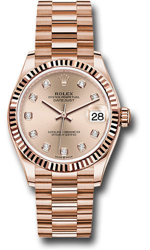 Rolex Everose Gold Datejust 31 278275 Watch - Fluted Bezel - Rosé Diamond Dial - President Bracelet - Unused Watches