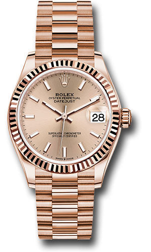 Rolex Everose Gold Datejust 31 278275 Watch - Fluted Bezel - Rosé Index Dial - President Bracelet - Unused Watches