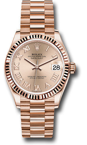 Rolex Everose Gold Datejust 31 278275 Watch - Fluted Bezel - Rosé Roman Dial - President Bracelet - Unused Watches