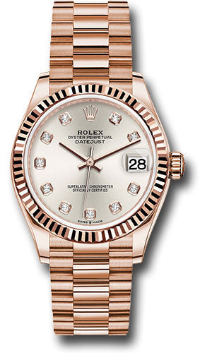Rolex Everose Gold Datejust 31 278275 Watch - Fluted Bezel - Silver Diamond Dial - President Bracele - Unused Watches